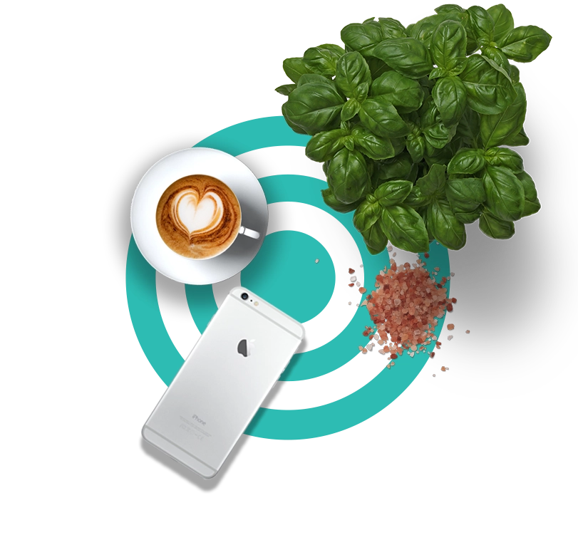 concentric blue circles with a coffee up, phone, basil plant and scattering of salt on top